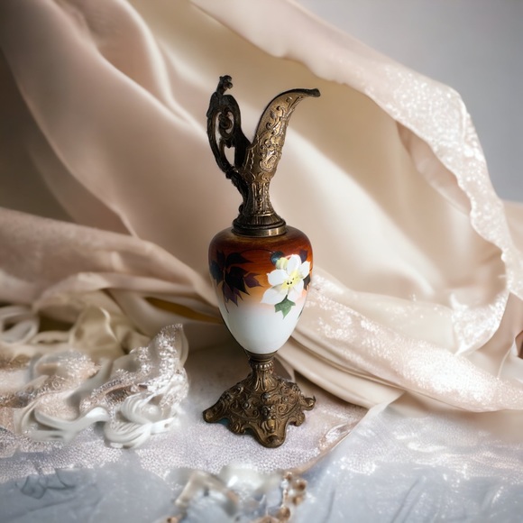 Early 20th Century Victorian Mantle Ewer. Hand Painted Art Glass Body. 16”x 7” - Picture 2 of 13